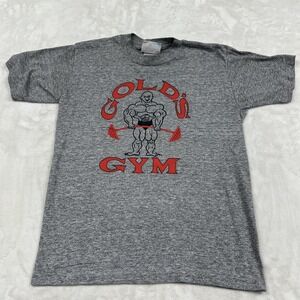 80s Gold's Gym T-Shirt Mens Medium Gray Red Graphic Short Sleeve Crew Neck Tee